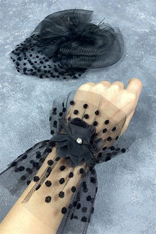 Voile Polka Dot Wedding Cap And Vera Stone Wrist Accessory