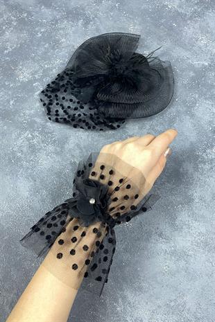 Voile Polka Dot Wedding Cap And Vera Stone Wrist Accessory