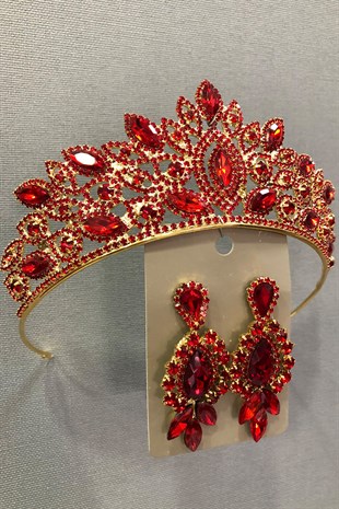 Gold Bridal Crown and Earrings Set with Ruby Crystal Glass Stone