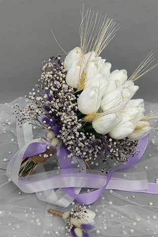 Yapay Beyaz Laleli Mor Cipsolu Gelin Buketi ve Damat Çiçeği 20 Adet Lale