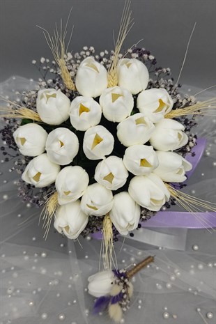 Yapay Beyaz Laleli Mor Cipsolu Gelin Buketi ve Damat Çiçeği 20 Adet Lale