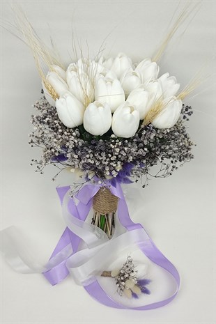 Yapay Beyaz Laleli Mor Cipsolu Gelin Buketi ve Damat Çiçeği 20 Adet Lale