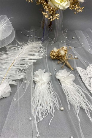 Yapay Çiçekli Gelin Çiçeği Nikah Şapkası ve Gelin Eldiveni Seti