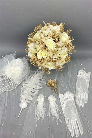 Yapay Çiçekli Gelin Çiçeği Nikah Şapkası ve Gelin Eldiveni Seti