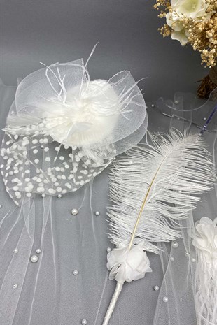 Yapay Çiçekli Gelin Çiçeği Nikah Şapkası ve Gelin Eldiveni Seti