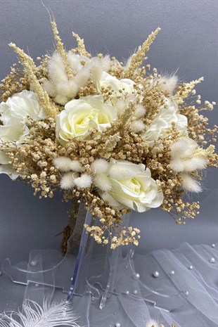 Yapay Çiçekli Gelin Çiçeği Nikah Şapkası ve Gelin Eldiveni Seti