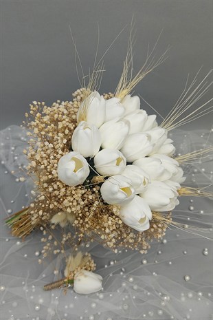 Yapay Lale Gelin Buketi Ve Damat Yaka Çiçeği 20 Adet Lale