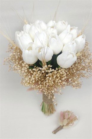 Yapay Lale Gelin Buketi Ve Damat Yaka Çiçeği 20 Adet Lale