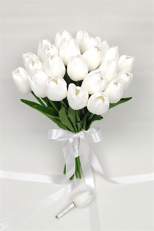 Yapay Lale Gelin Buketi Ve Damat Yaka Çiçeği 30 Adet Lale