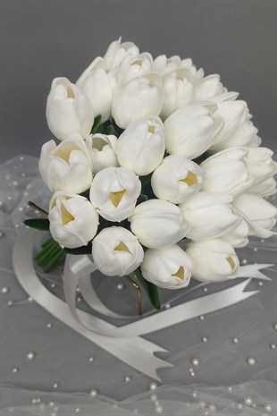 Yapay Lale Gelin Buketi Ve Damat Yaka Çiçeği 30 Adet Lale