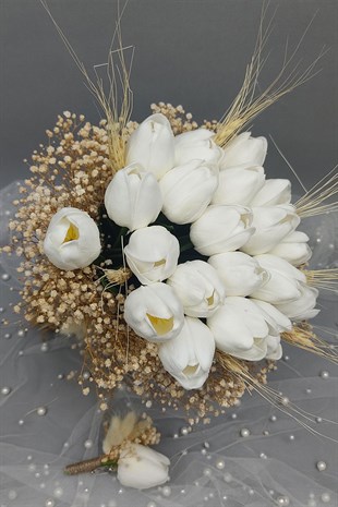 Yapay Lale Gelin Buketi Ve Damat Yaka Çiçeği 20 Adet Lale