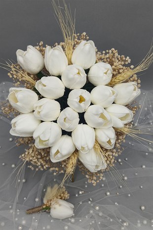 Yapay Lale Gelin Buketi Ve Damat Yaka Çiçeği 20 Adet Lale