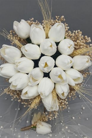 Yapay Lale Gelin Buketi Ve Damat Yaka Çiçeği 20 Adet Lale