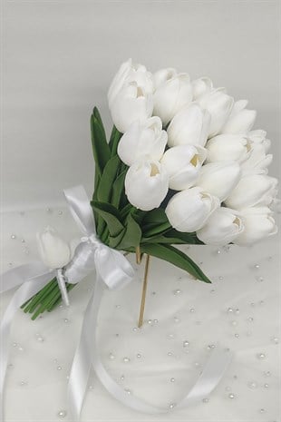 Yapay Lale Gelin Buketi Ve Damat Yaka Çiçeği 30 Adet Lale