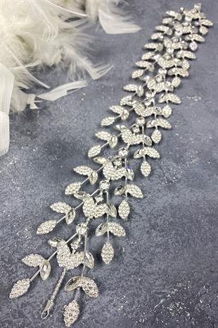 Yaprak Desen Dallı Cam Taşlı Gelin Saç Aksesuarı