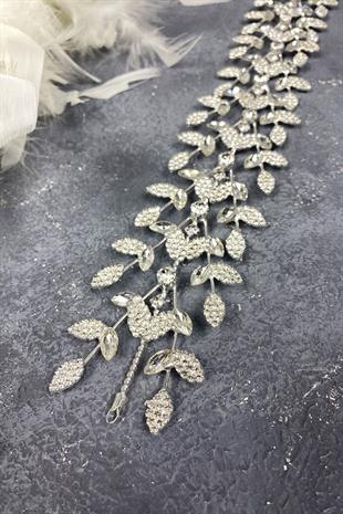 Yaprak Desen Dallı Cam Taşlı Gelin Saç Aksesuarı