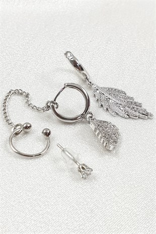 Yaprak Desenli Zincir Detaylı Zirkon Taşlı Küpe