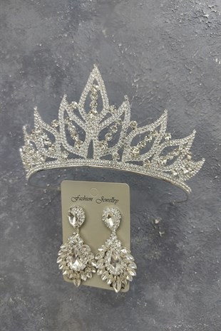 Yaprak Model Gelin Tacı Ve Damla Mekik Taşlı Küpe