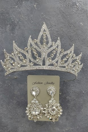 Yaprak Model Gelin Tacı Ve Damla Mekik Taşlı Küpe