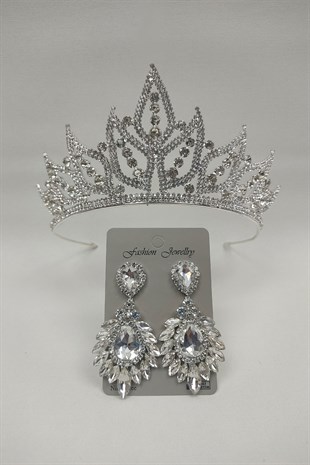 Yaprak Model Gelin Tacı Ve Damla Mekik Taşlı Küpe