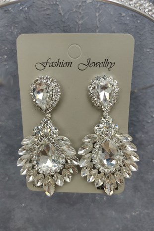 Yaprak Model Gelin Tacı Ve Damla Mekik Taşlı Küpe