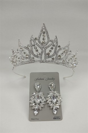 Yaprak Model Gelin Tacı Ve Damla Taşlı Küpe