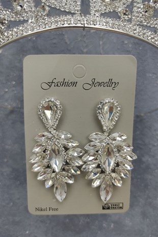 Yaprak Model Gelin Tacı Ve Damla Taşlı Küpe