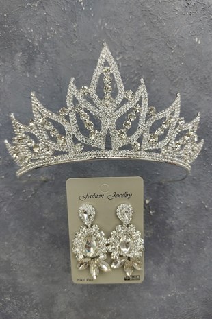 Yaprak Model Gelin Tacı Ve Mekik Damla Taşlı Küpe