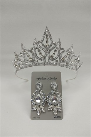 Yaprak Model Gelin Tacı Ve Mekik Damla Taşlı Küpe