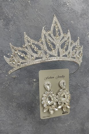 Yaprak Model Gelin Tacı Ve Mekik Damla Taşlı Küpe