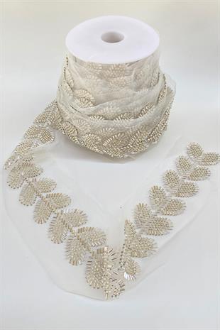 Yaprak Motifli Kırık Boncuk İşlemeli Şerit Bordür