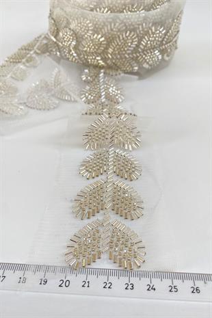 Yaprak Motifli Kırık Boncuk İşlemeli Şerit Bordür