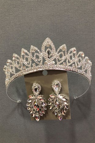 Yaren Gümüş Rengi Gelin.Kına Tacı ve Küpe Takımı