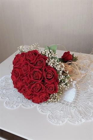 Yeni Sezon Gelin Çiçeği Ve Damat Yaka Çiçeği! Kadife Kırmızı Gül Demeti! -16 1 Adet