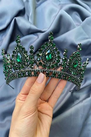 Yeşil Ahu Damla Kristal Taşlı Gelin Kına Tacı