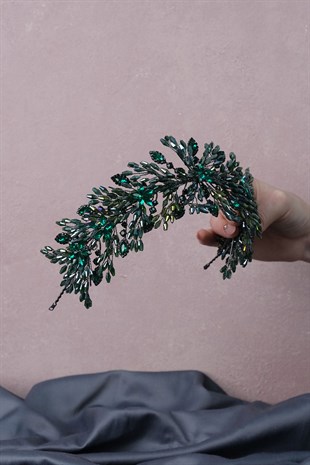 Green Arden Crystal Beaded Headband and Bridal Henna Tiara