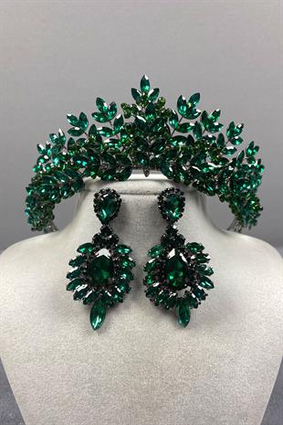 Green Original Beads Embroidered Bridal Henna Tiara and Earrings Set