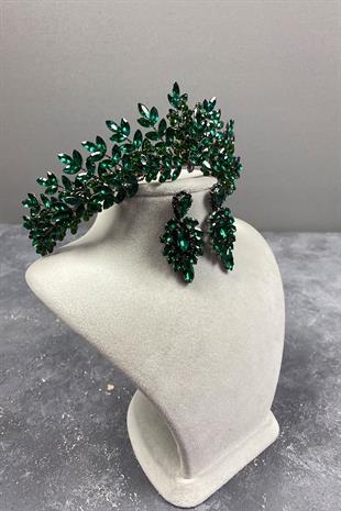 Green Original Bead Embroidered Bridal Henna Tiara and Stud Earrings Set