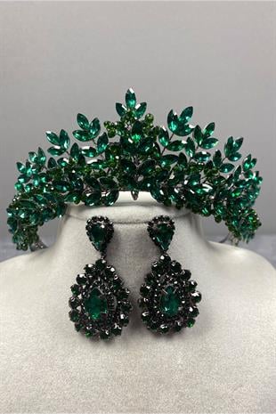 Green Original Bead Embroidered Bridal Henna Crown And Stone Earring Set