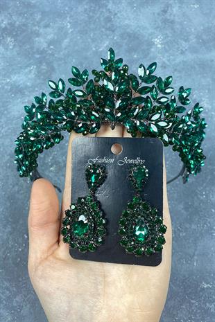 Green Original Bead Embroidered Bridal Henna Crown And Stone Earring Set