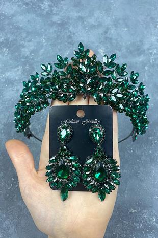 Green Original Beads Embroidered Bridal Henna Tiara and Earrings Set