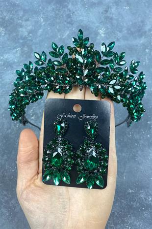 Green Original Bead Embroidered Bridal Henna Tiara and Studded Earrings Set