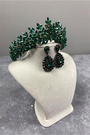 Green Original Bead Embroidered Bridal Henna Crown And Stone Earring Set