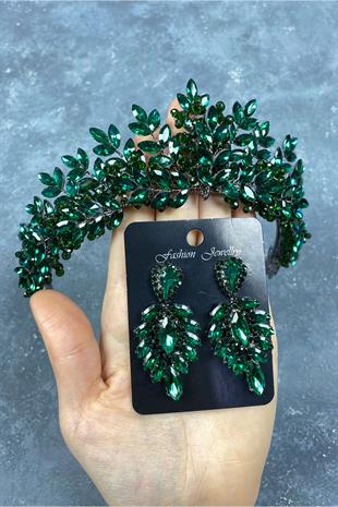 Green Original Bead Embroidered Bridal Henna Tiara and Stud Earrings Set