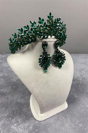 Green Original Beads Embroidered Bridal Henna Tiara and Earrings Set