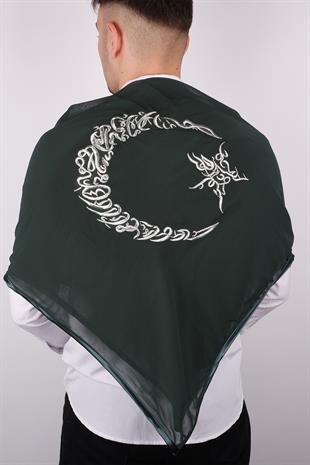 Yeşil  Ay Yıldız Gümüş Nakışlı Biyeli Damat Örtüsü