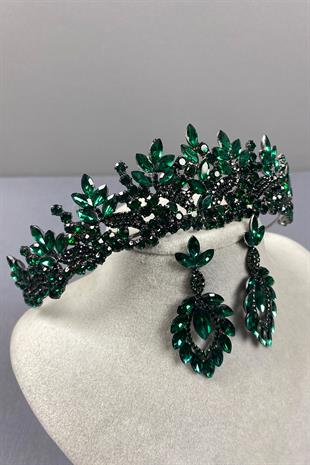 Green Belur Bridal Henna Crown and Drop Earring Set