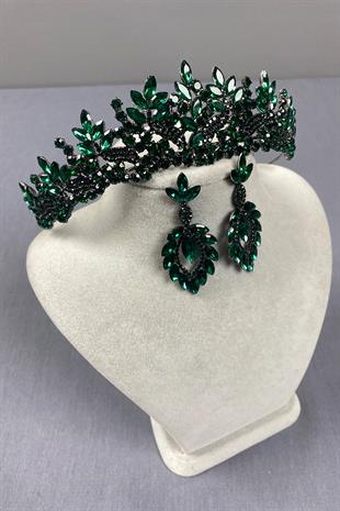 Green Belur Bridal Henna Crown and Drop Earring Set