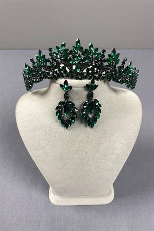Green Belur Bridal Henna Crown and Drop Earring Set