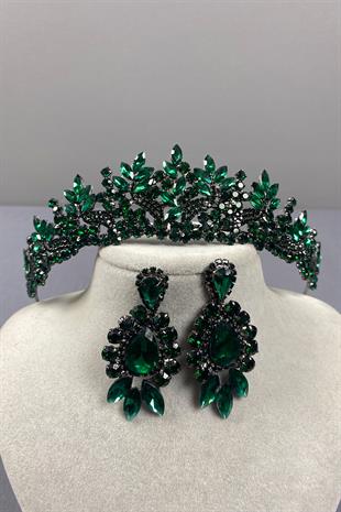 Green Belur Bridal Henna Crown and Drop Shuttle Stone Earring Set